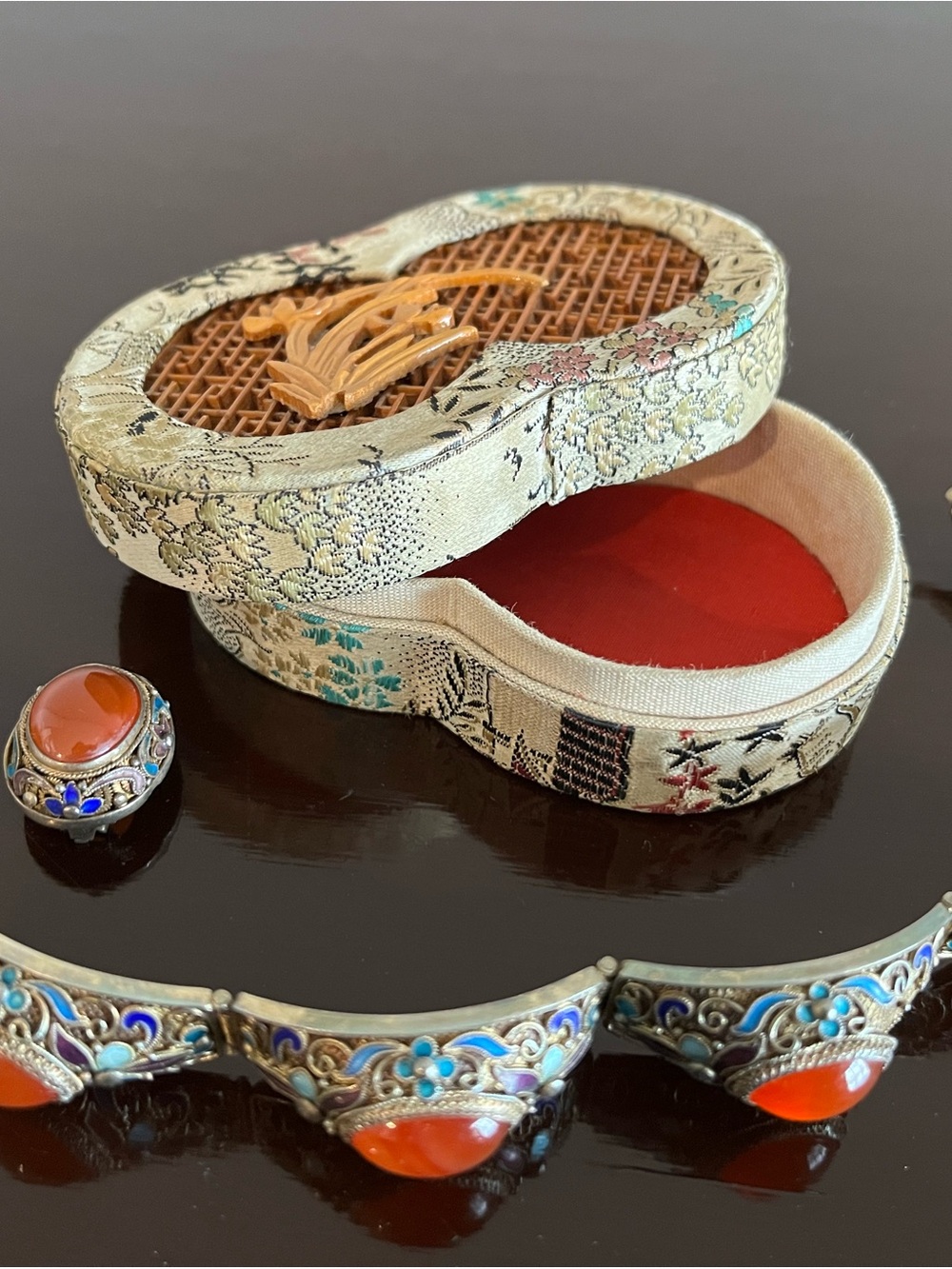 Vintage Chinese Jewelry Carnelian Enamel Filigree Bracelet and Earrings w/ Box